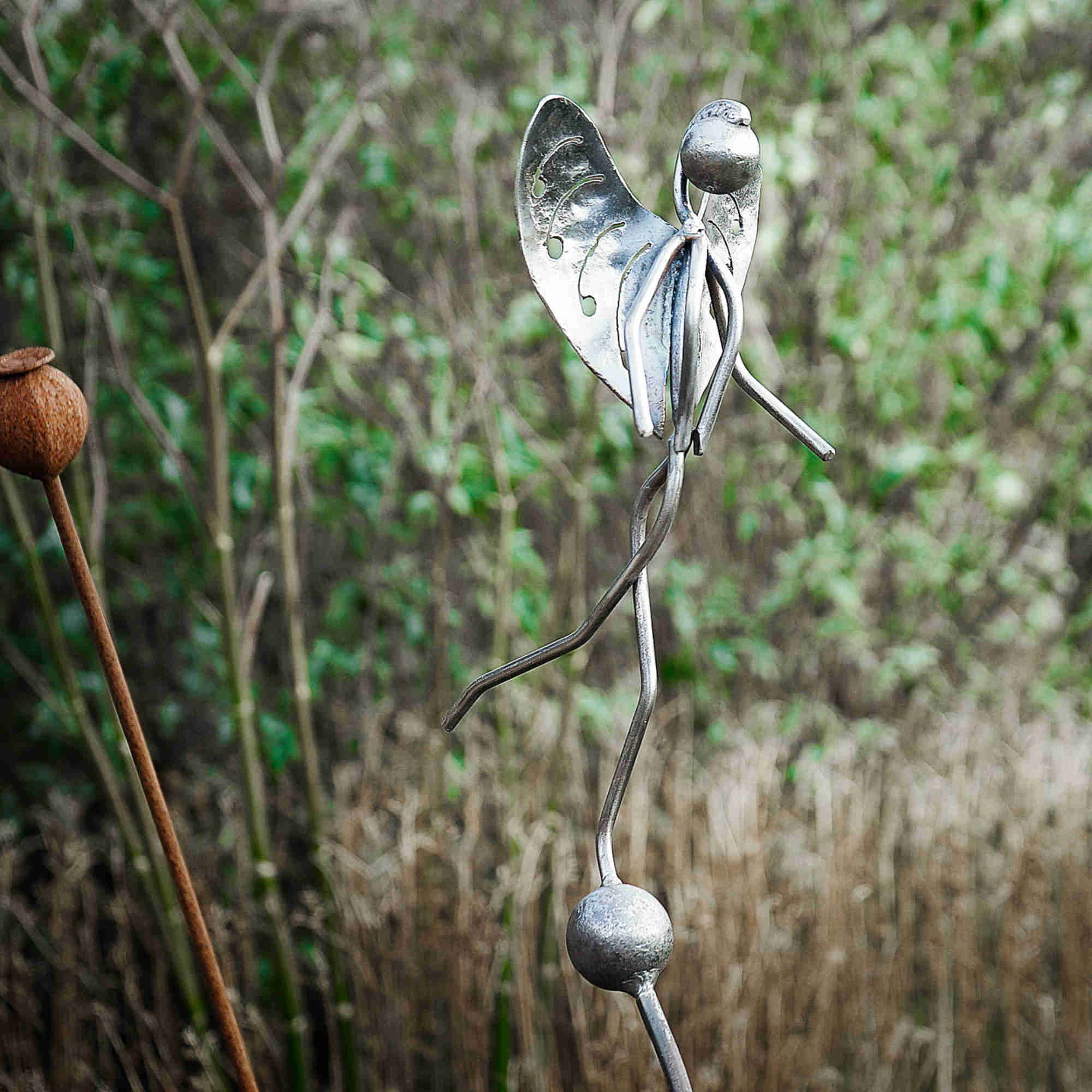 Stainless Steel Woodland Fairy on Rusty Metal Seed Head. Garden art sculpture image 5