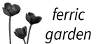 Black and white illustration of flowers with 'ferric garden' text on a white background