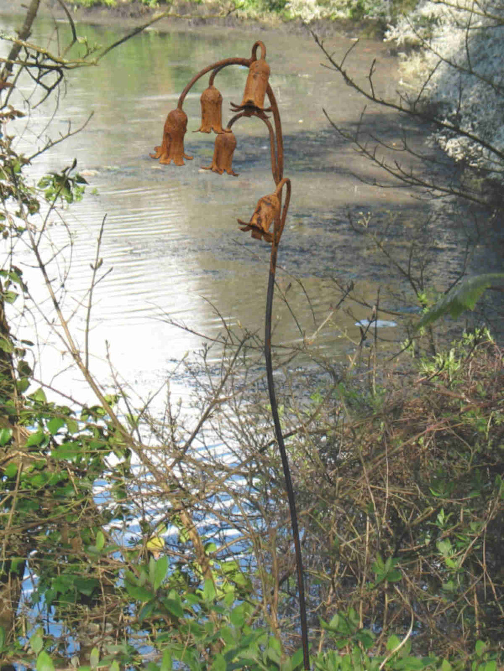 Rusty metal Bluebells sculpture by a river with trees and foliage.