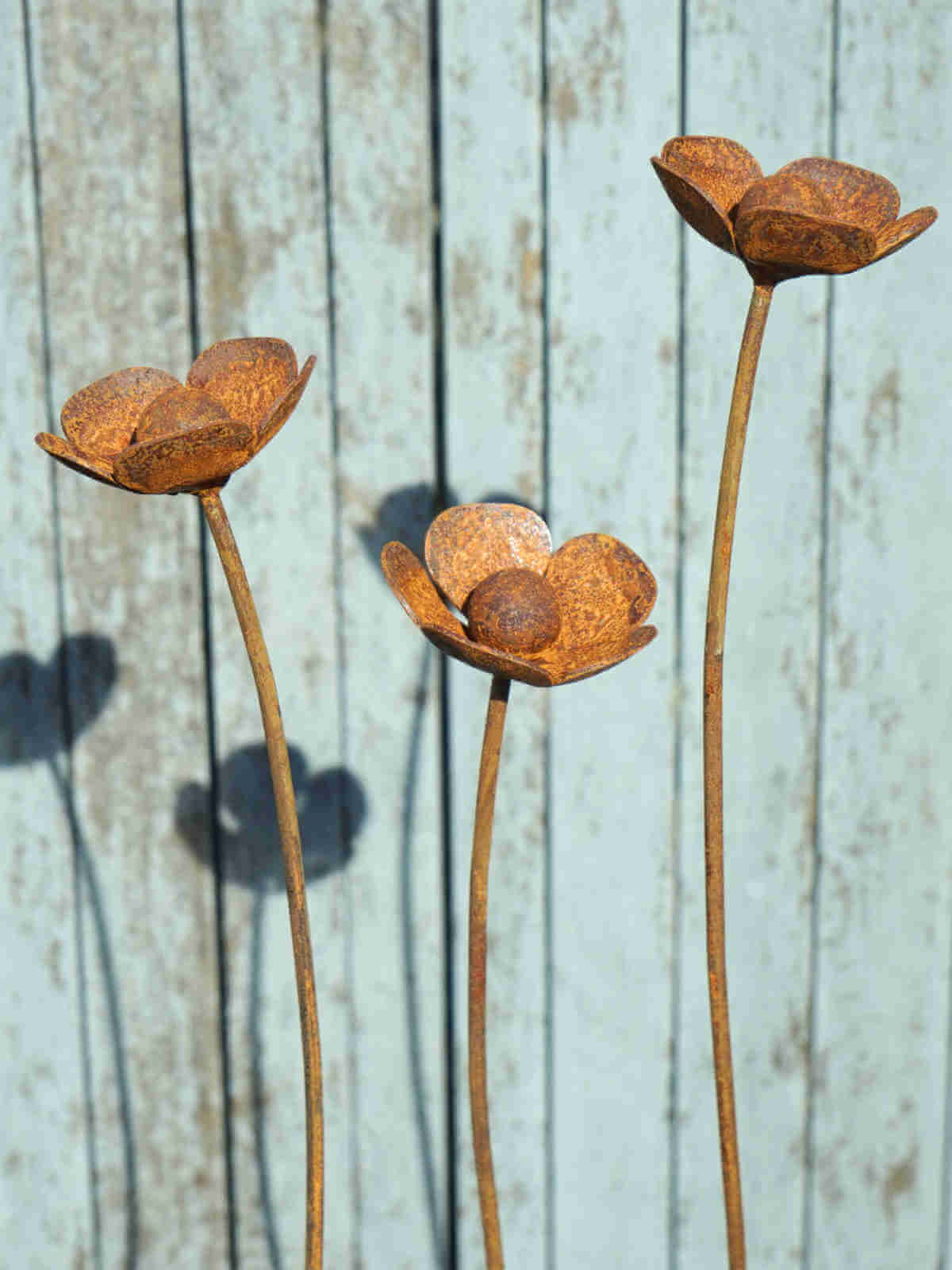 Three rusty metal buttercup sculptures against a wooden background