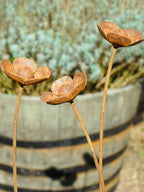 Rust-coloured rusty metal buttercup sculptures in front of a rustic oak barrel.