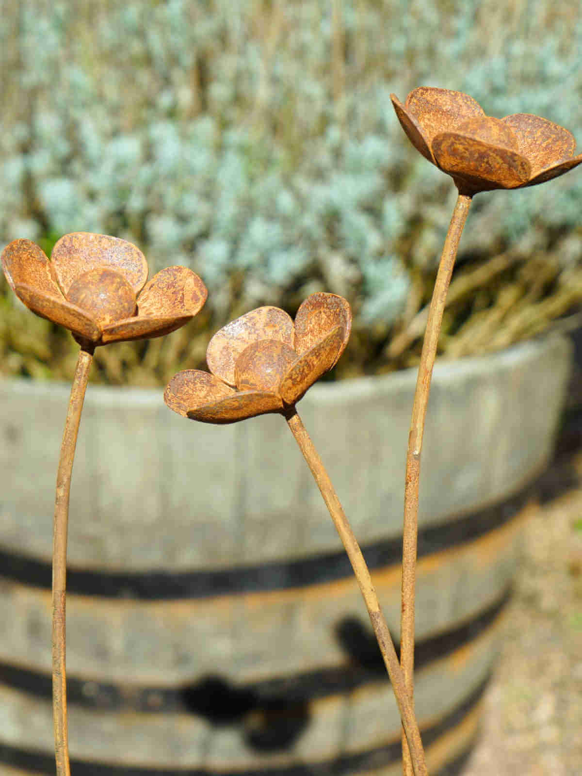 Rust-coloured rusty metal buttercup sculptures in front of a rustic oak barrel.