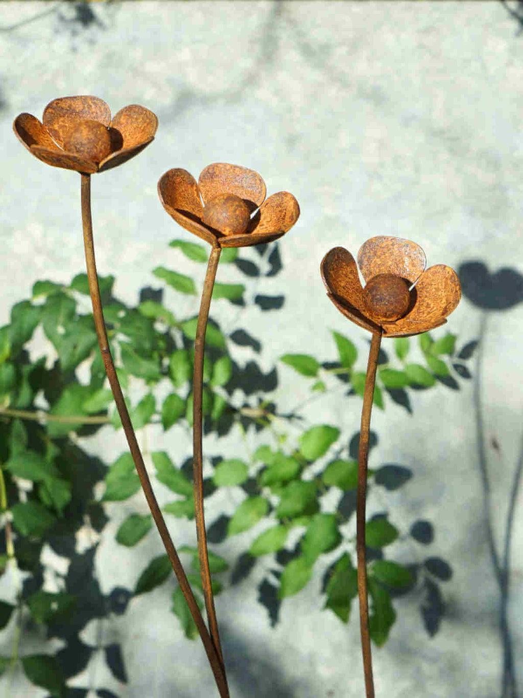 Three rusted metal buttercup sculptures against a blurred natural background