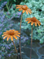 Three rusted metal daisy garden stakes with textured orange-brown flower heads and dark brown stems, shown against a blurred garden background of green foliage and purple flowers.
