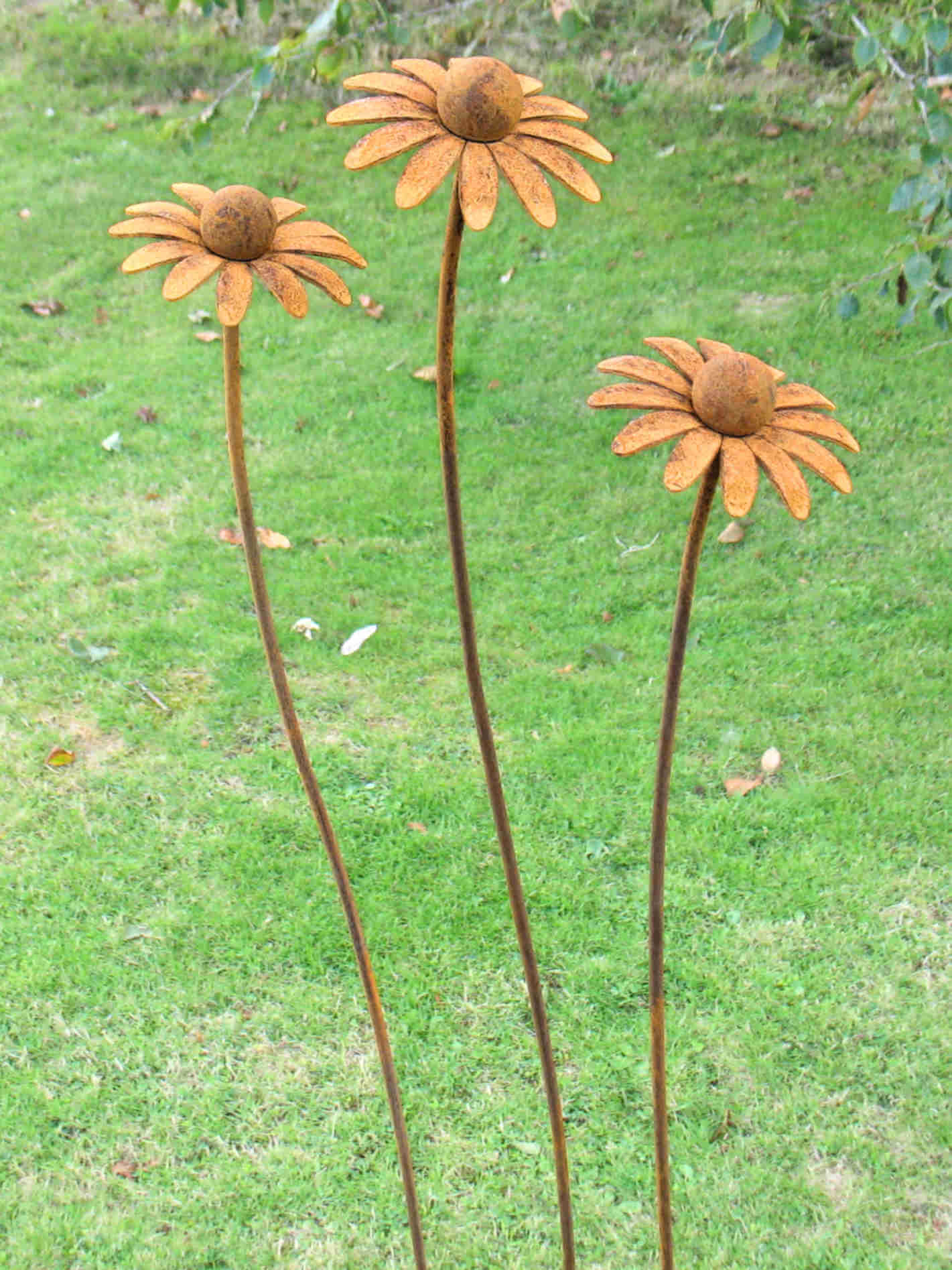 Three rusted metal daisy garden stakes with orange-brown flower heads and long brown stems, set in a green grassy outdoor area.