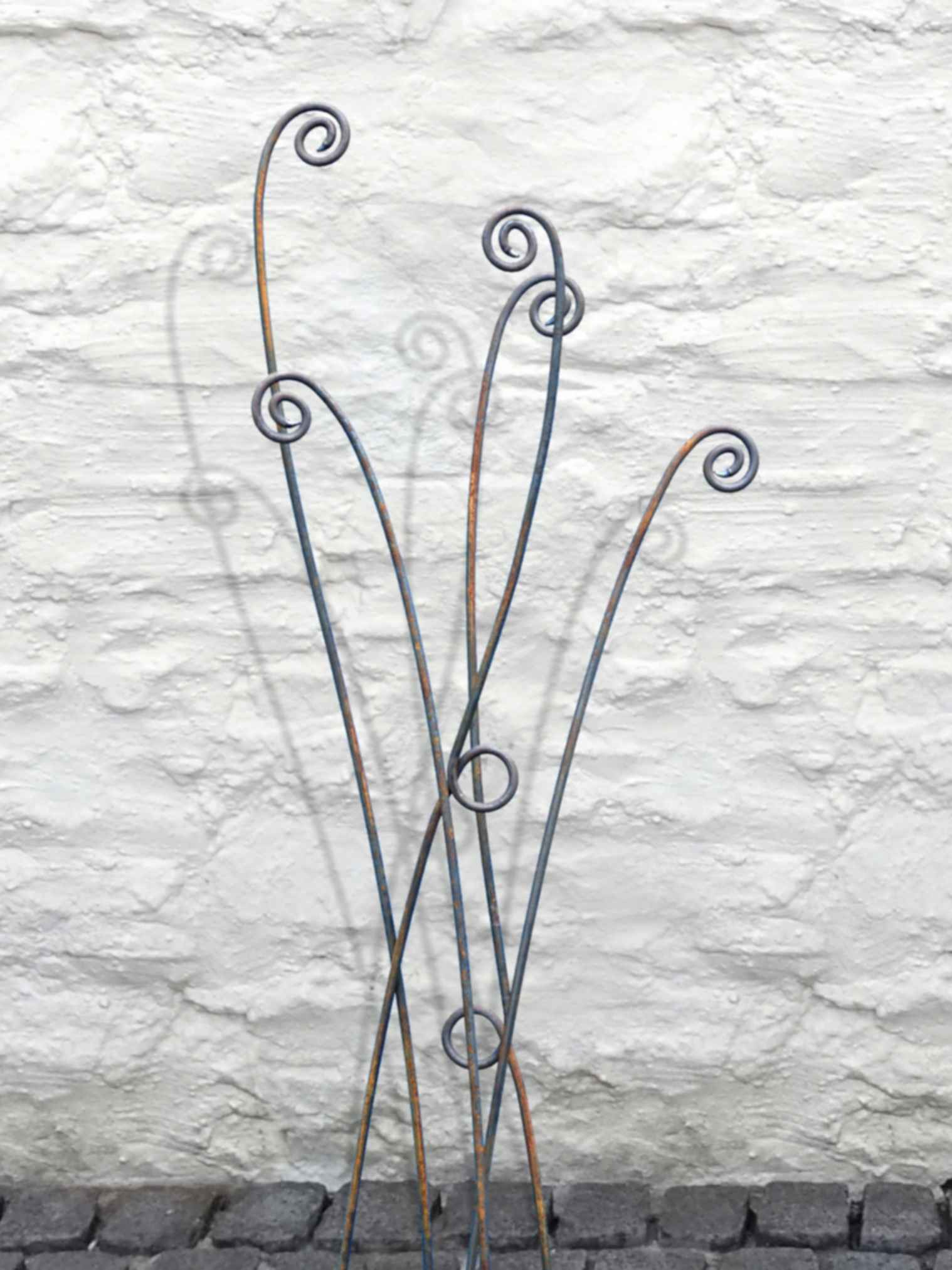 Rusty metal fern stems with intricate spiral tips against a textured stone wall
