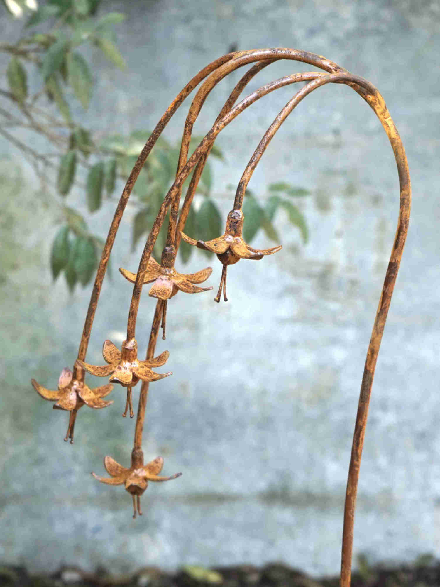 Rusty metal Fuchsias garden sculpture against a blurred natural background