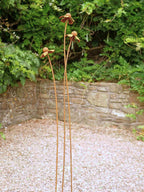 Rusty metal Heleniums flower sculptures on a gravel path with greenery and a stone wall in the background.