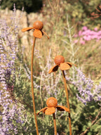 Rusty metal Heleniums flower sculptures against a blurred natural background with green and purple plants