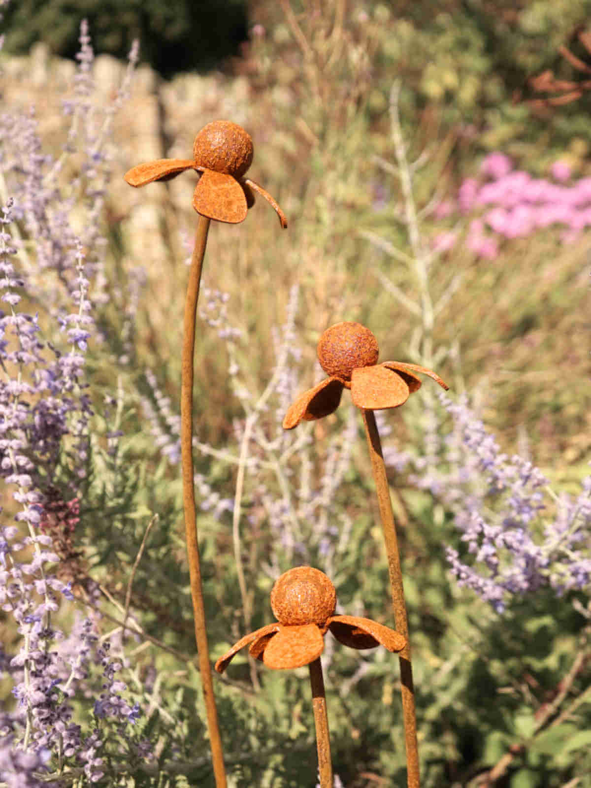 Rusty metal Heleniums flower sculptures against a blurred natural background with green and purple plants