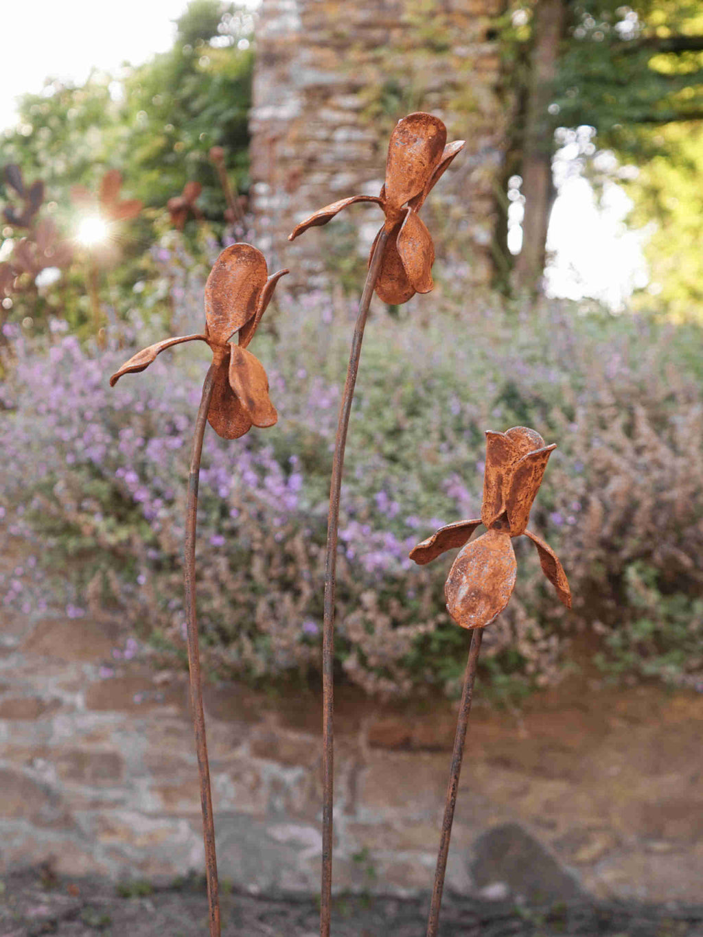 Rusty metal Iris flower sculptures in a garden setting with a stone wall and lavender in the background.