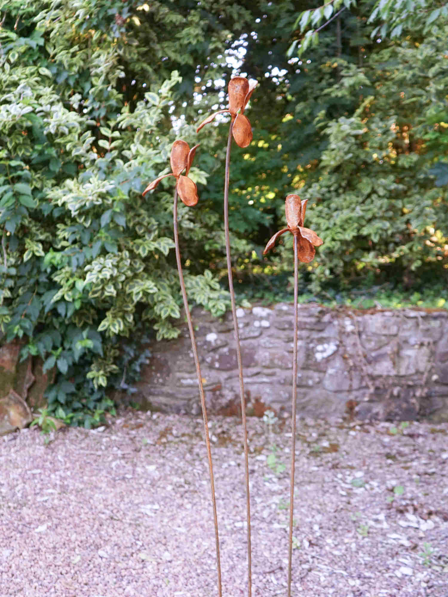 Three rusty metal Iris flower sculptures against a green foliage and stone wall background