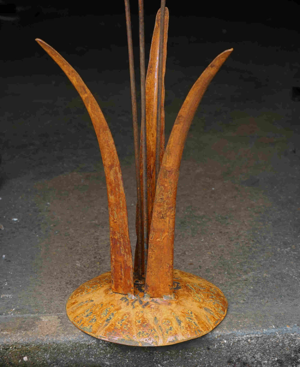 Close up image showing the mottled rusty patina of the tall grass stems, and the domed steel base.