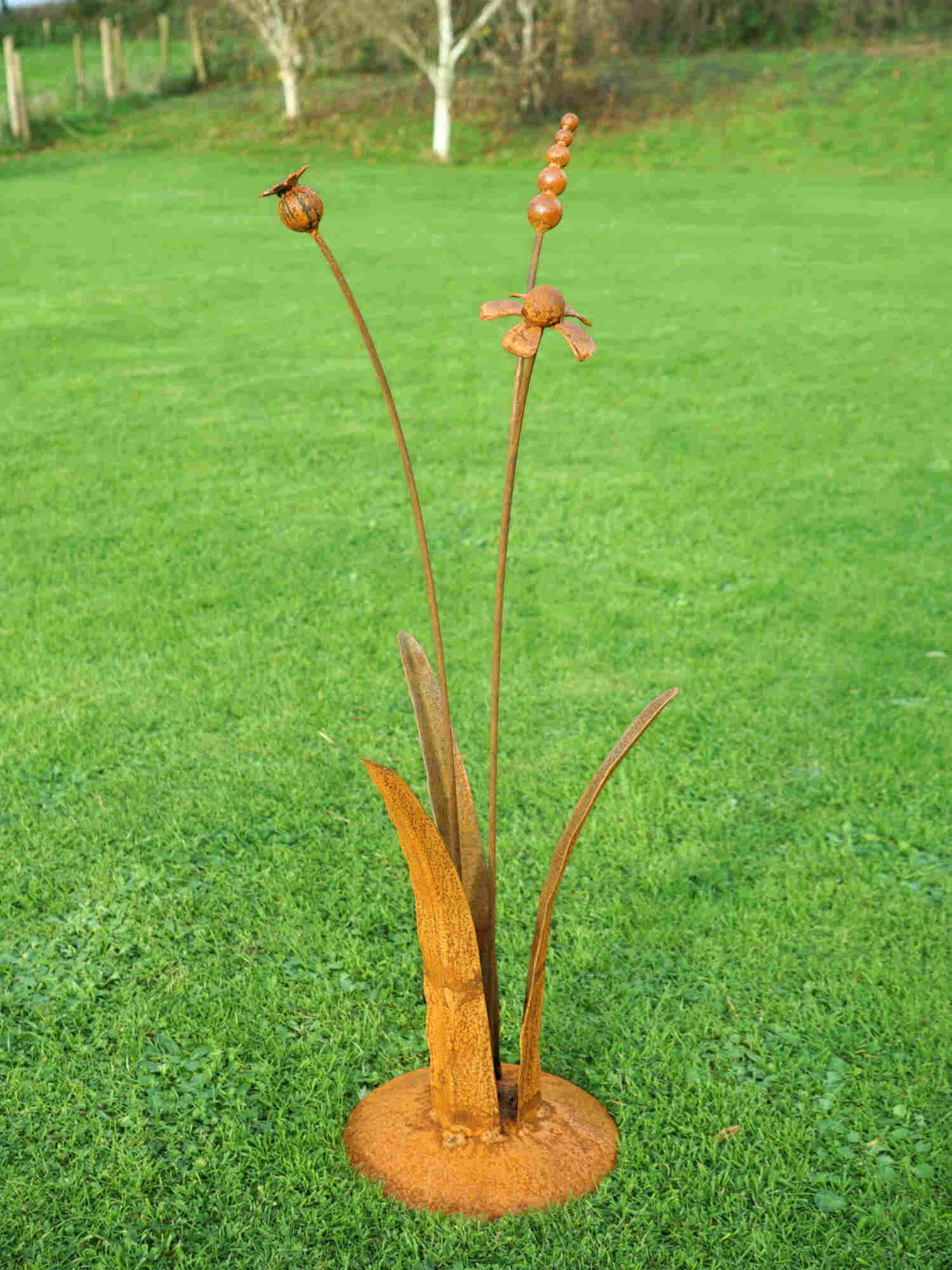 A rusty steel meadow composition - helenium, reed and poppy seed head rising through tall grass stems, freestanding on a domed steel base standing on a grassy lawn.