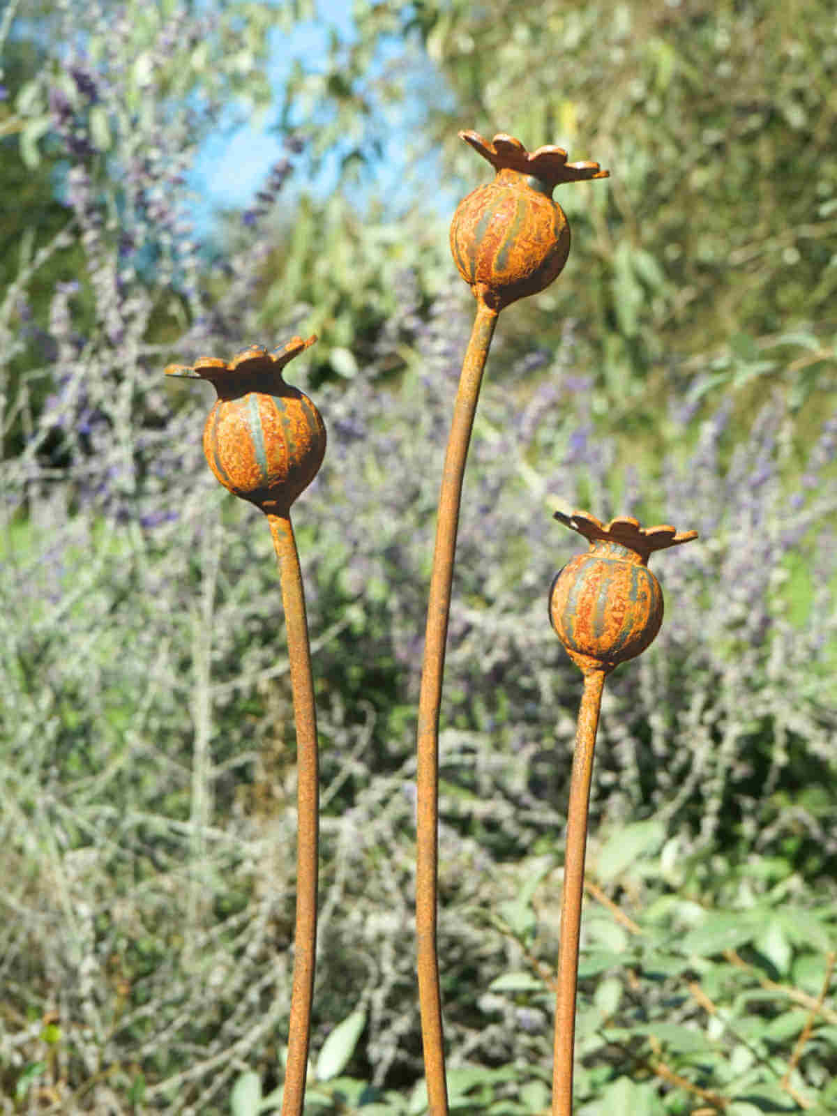 Metal sculptures of poppy seed heads against a natural background with greenery and lavender.