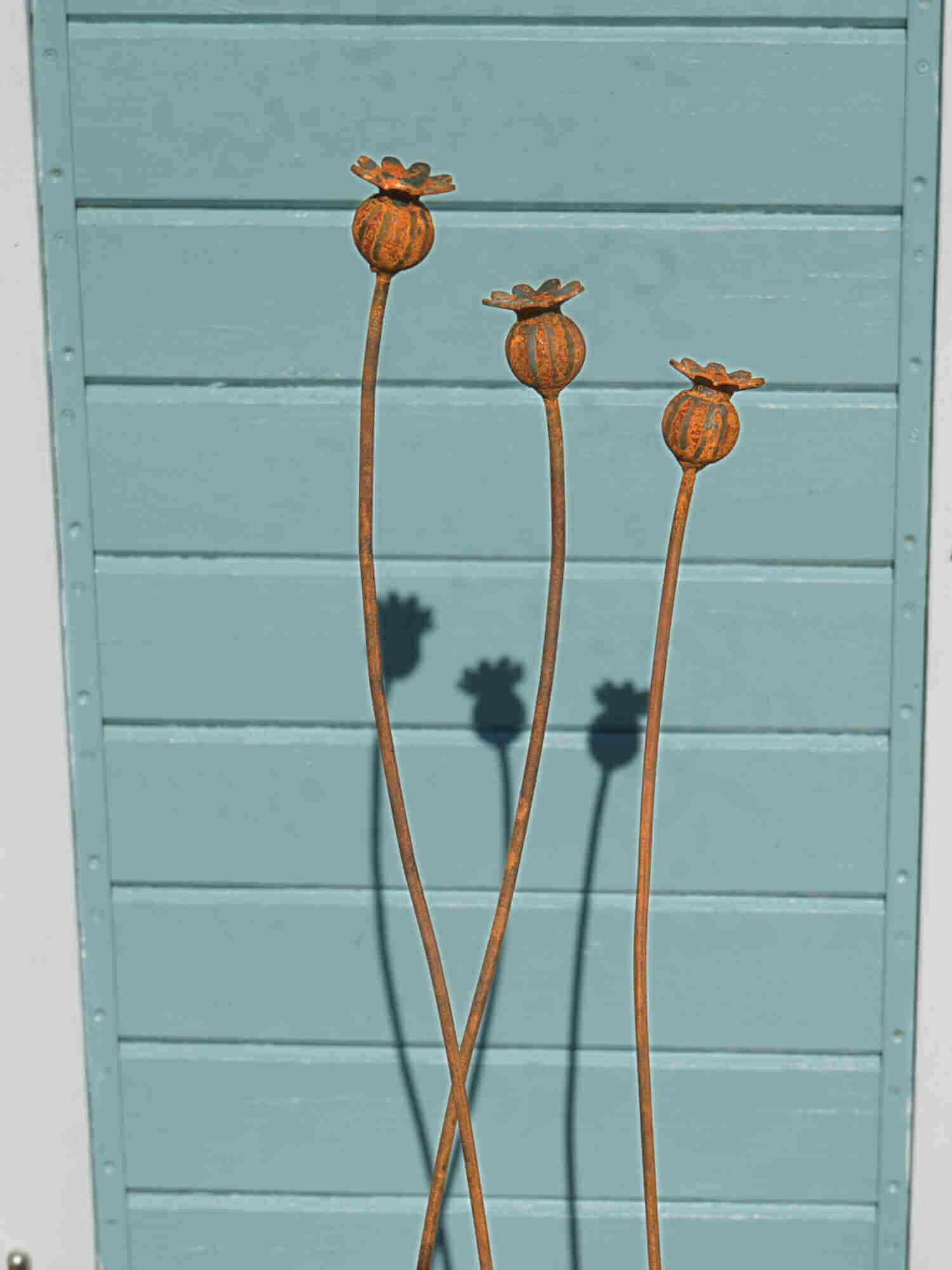 Three metal poppy seed head sculptures against a teal wooden panel background