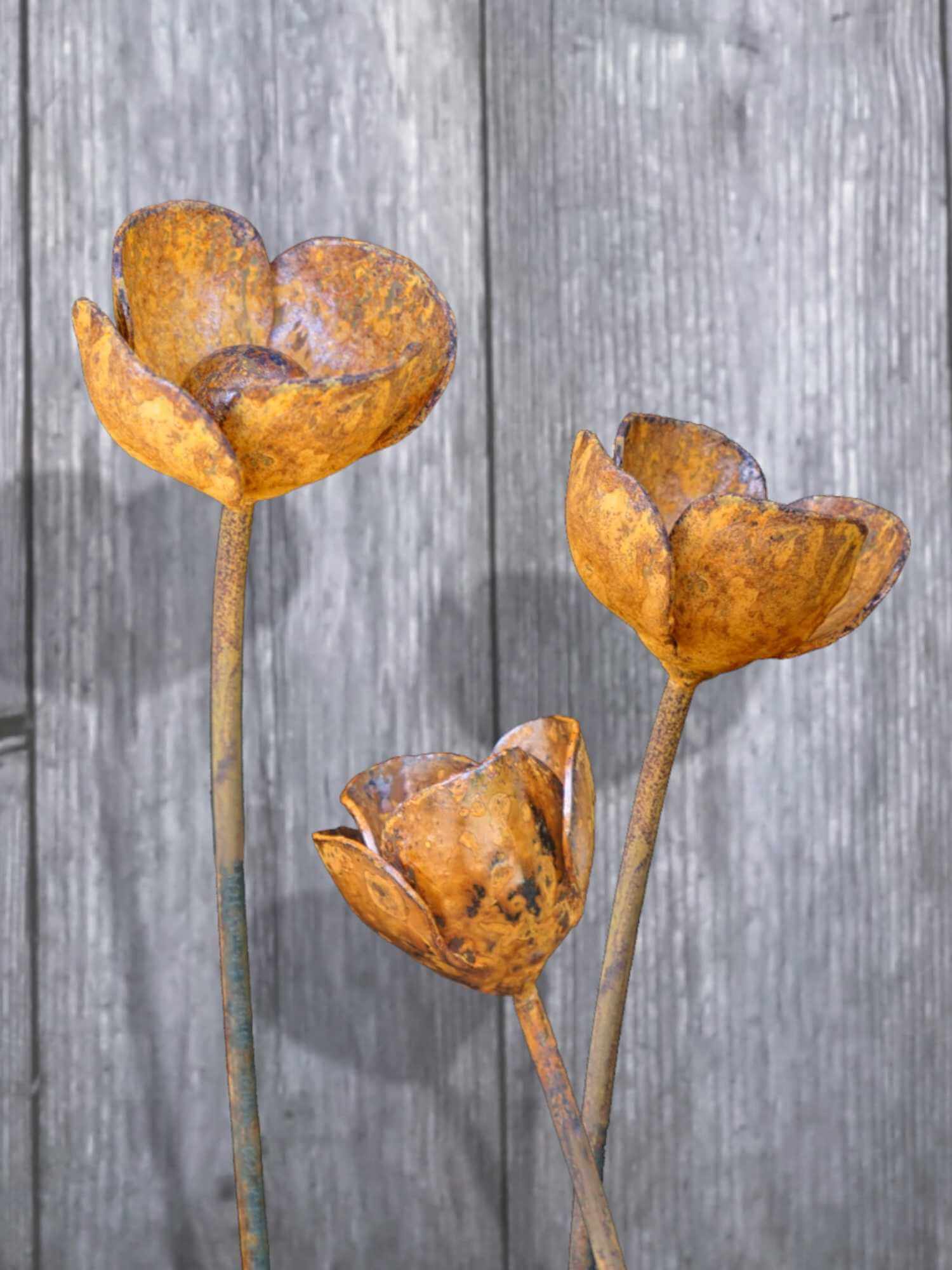 Three rusty metal Poppy sculptures against a wooden background