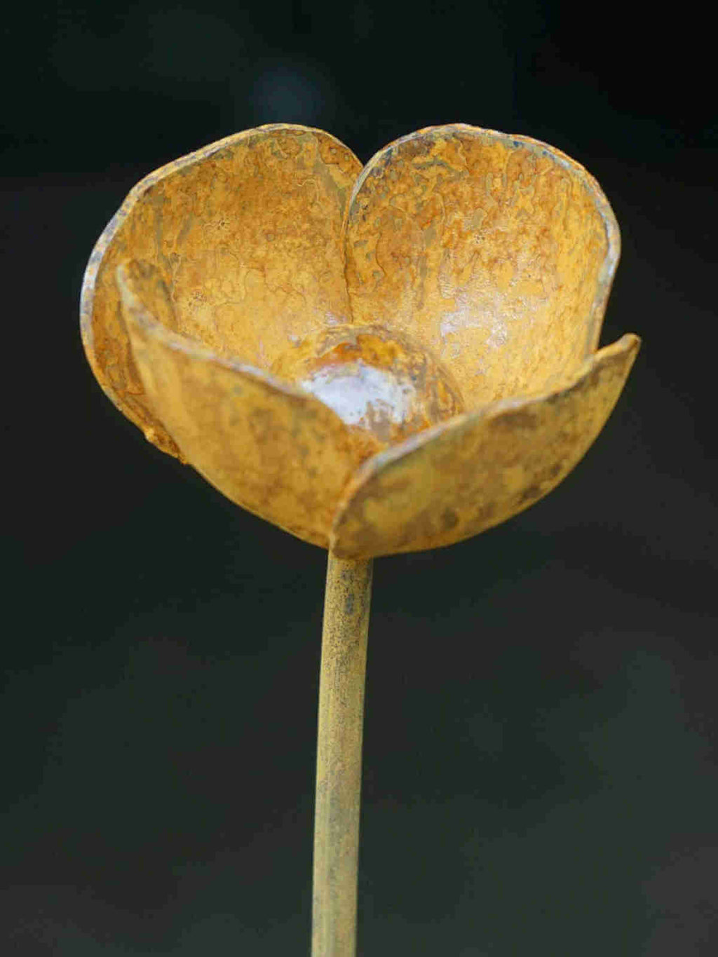 Close up image of a rusty metal Poppy sculpture showing the mottled rusty patina.
