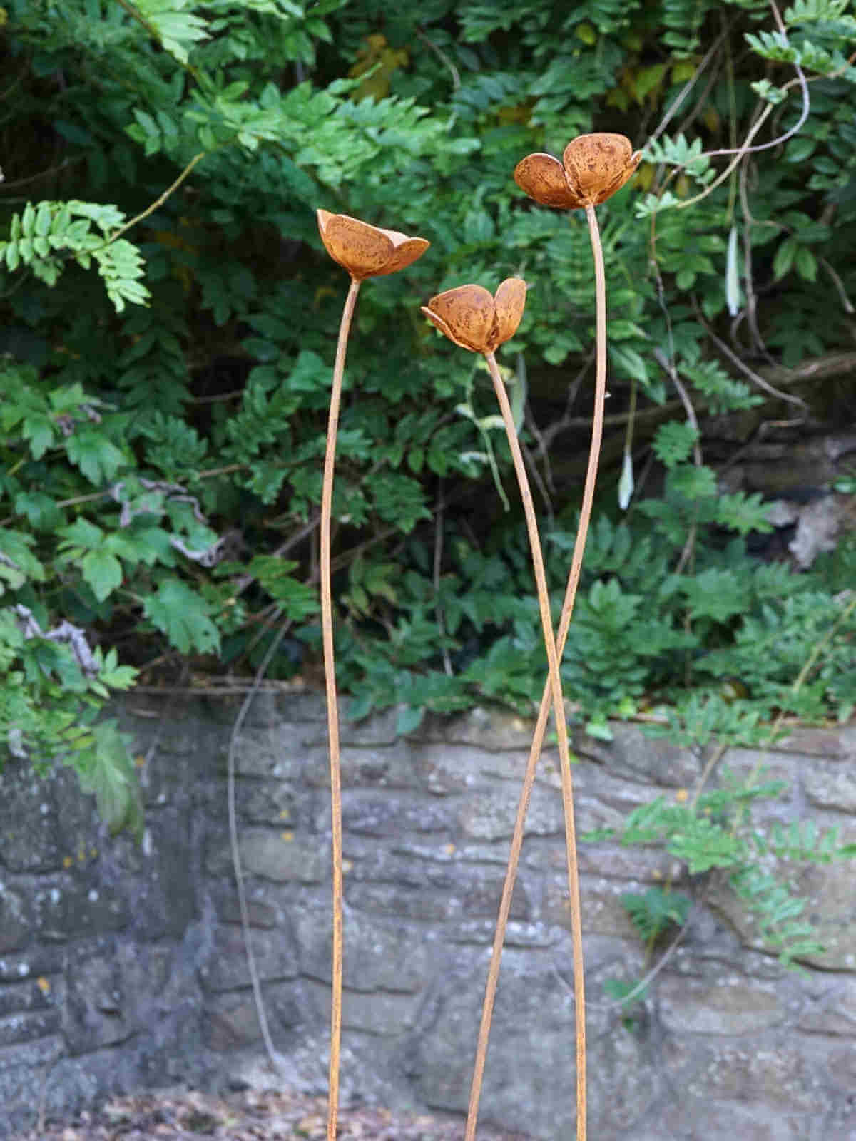 Rusty metal Poppy sculptures against a stone wall and green foliage background