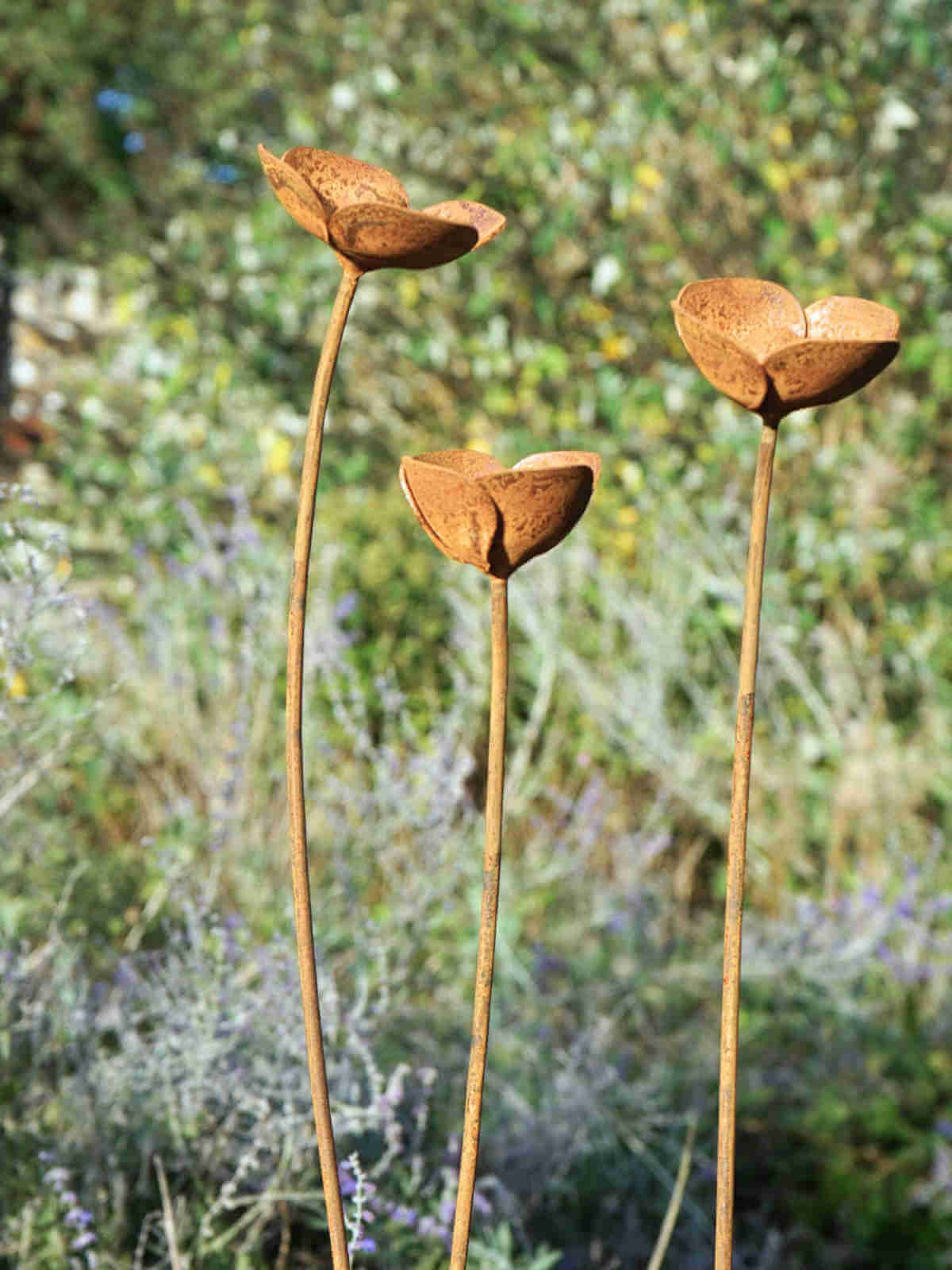 Three rusty metal Poppy sculptures in a garden setting with blurred greenery in the background