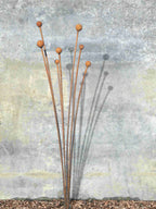 Rusty metal Seed Head garden sculpture  with spherical ends against a textured wall.