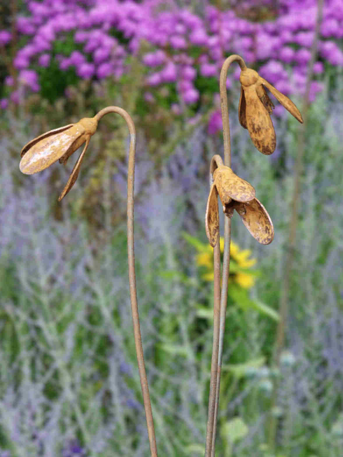 Rusty Metal Snowdrops against a blurred background of purple flowers