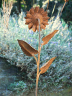 Rustic metal garden sculpture of a sunflower with a weathered brown finish, set against a blurred garden background with foliage and lavender. Image shows the flower from beind.
